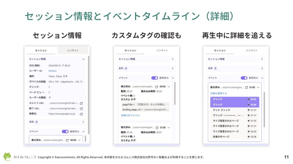 Microsoft Clarity：セッション情報とイベントタイムライン（詳細）