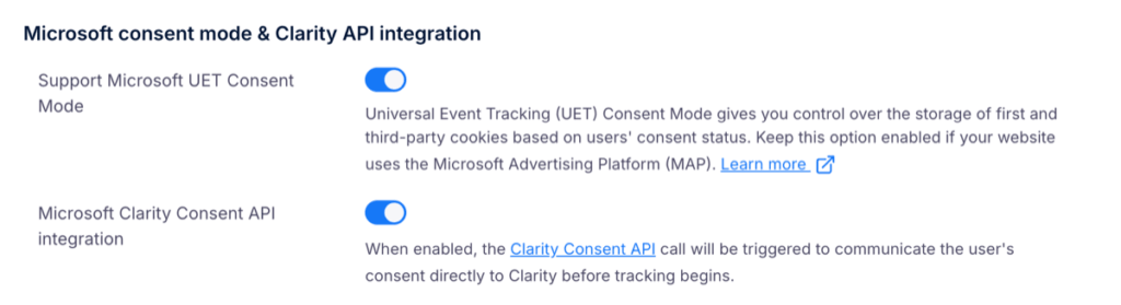 「Microsoft consent mode & Clarity API integration」の項目